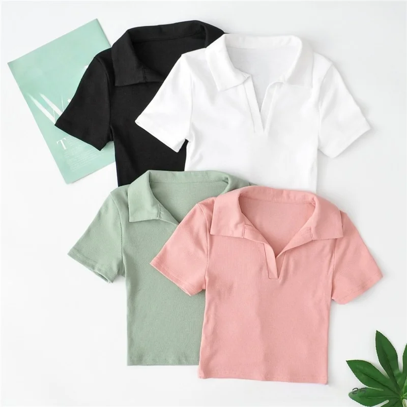 Slim Fit ort Sve T-irt Women's Summer V-ne  Collar  Navel Tight Top Street Sle Casual Wear Pure Color