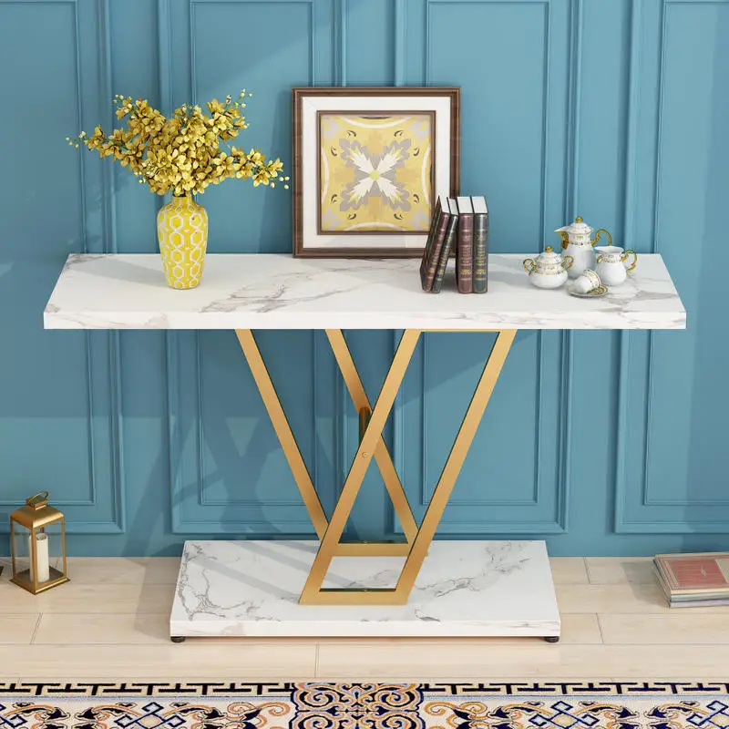 

2-layer V-shaped Entryway Table, White Marble Top, Gold Frame, MDF with Melamine Veneer, Iron Fittings, 107*29*76cm