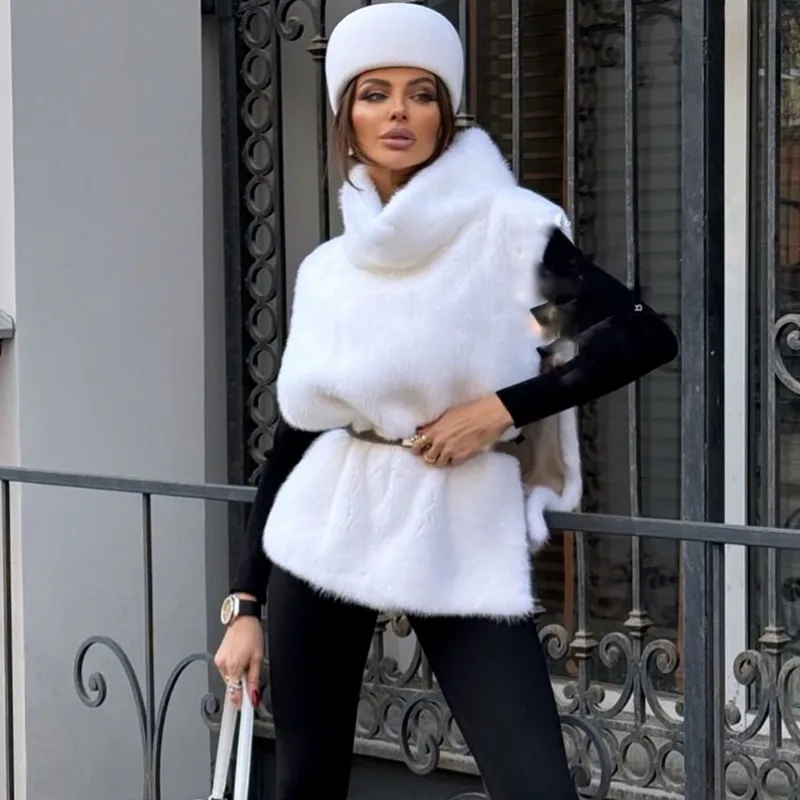 

Talenza Autumn Winter Faux Fur Vest Fashion Sleeveless Lace-up High Neck Patchwork Sweater Vest Office Lady Casual Women Outwear