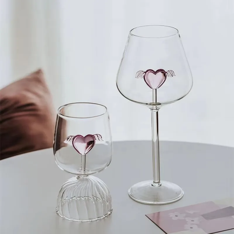 Creative Ripple Goblet Glass Cup with Pink Heart Design Wings or Bar Milk Tea Office Cup Milk Lemon Juice Coffee Water