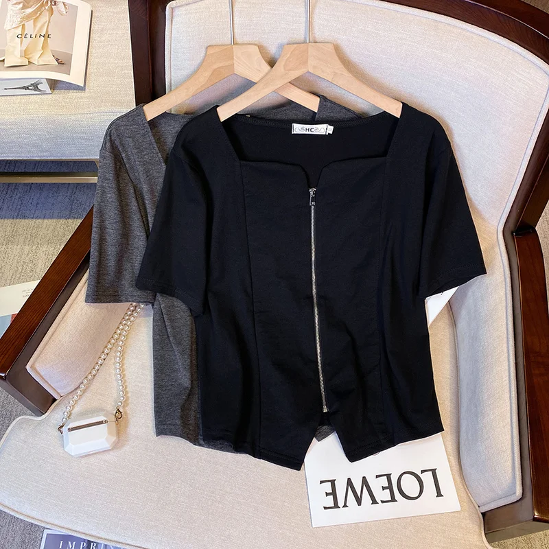 XL-4XL Large Size Zipper Cardigan T-shirt Women 2023 Summer Korean Square Collar Short Sleeve Tops Short Sleeve Solid Tshirt