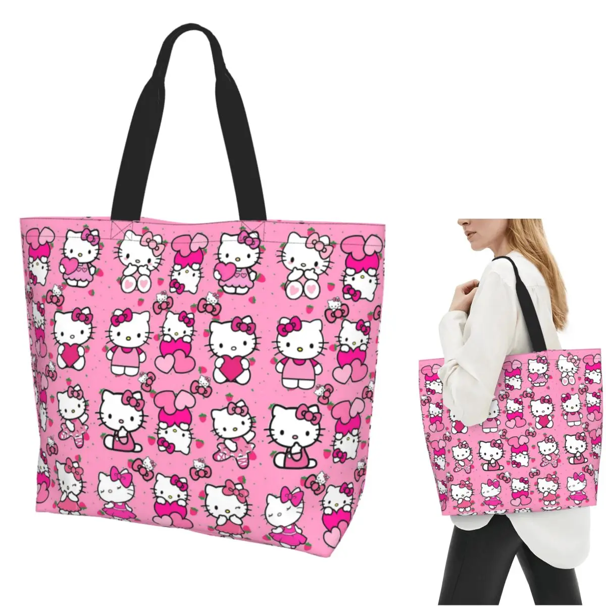

Сумка-тоут Hello Kitty для покупок, парусиновая сумка на плечо большой вместимости, продуктовая сумка для покупок для женщин