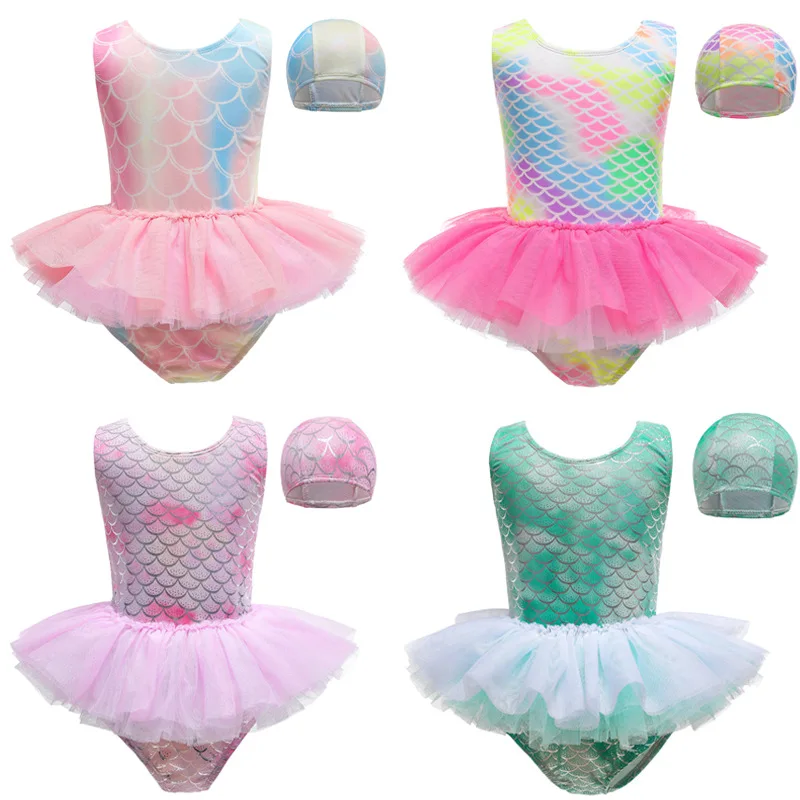 

Girls TUTU Dress Swimsuits Sparkly Design Kids Beachwear With Swimcap Size 100-140 Little Girl Summer Beach Suits