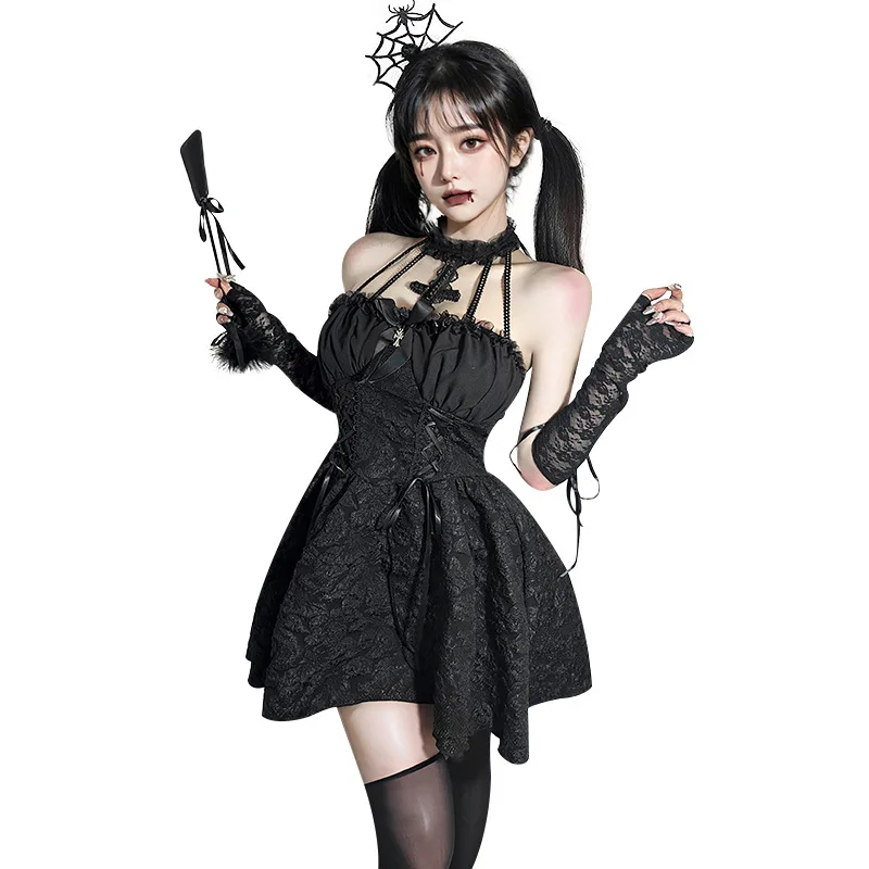 Hot Sexy Medieval Gothic Dark Witch Spider Demon Dress Outfits Halloween Party Sorceress Lolita Cosplay Costume Black Dress Suit
