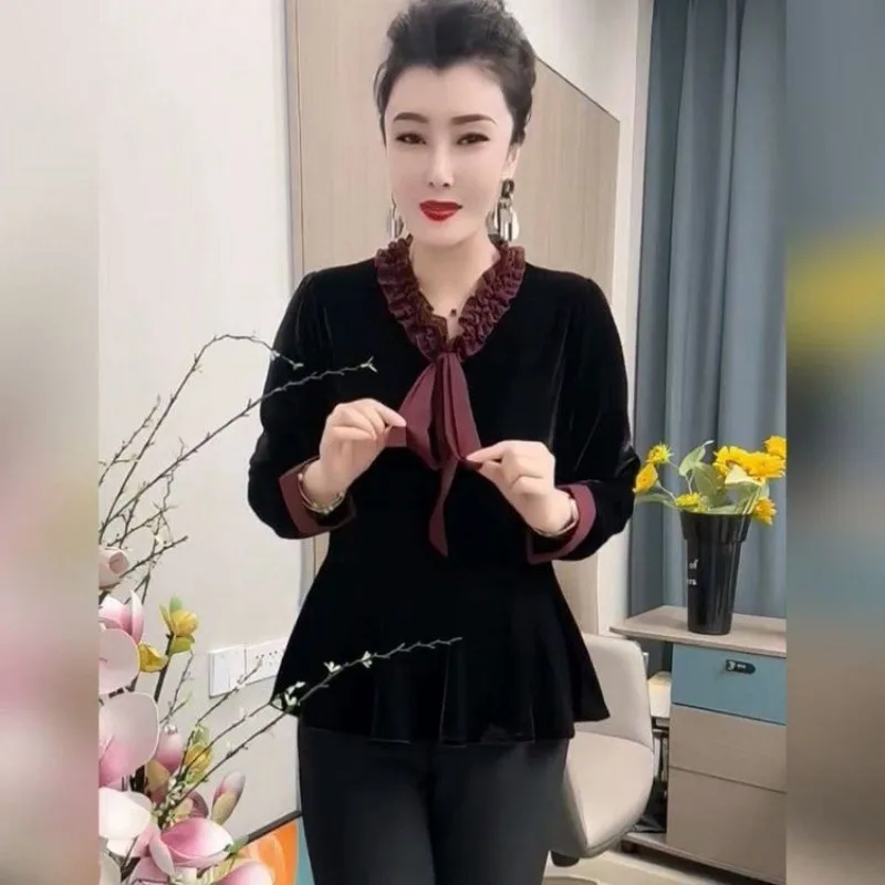 เสื้อท็อปแขนยาวทรงหลวมสไตล์แฟชั่น ผ้ากำมะหยี่สีทองใหม่ล่าสุด กระชับเอว ช่วยให้ดูอ่อนเยาว์ ใส่ได้หลากหลายโอกาส