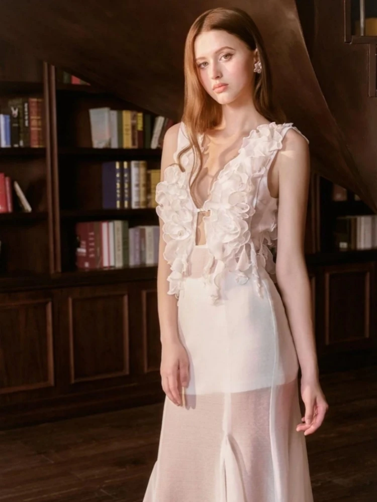 

Сексуальное длинное платье с глубоким V-образным вырезом и открытой спиной, женское белое платье без рукавов с оборками и цветочным принтом, тонкое летнее пляжное вечернее платье макси для подиума