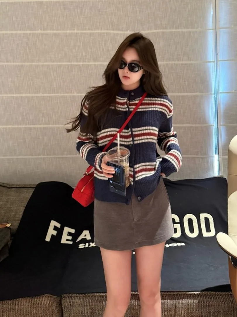 

Thiened ort Knitted Sweater Coat Women's Autumn Winter Loose Sle Color Colion Striped Open Cardigan Casual Top