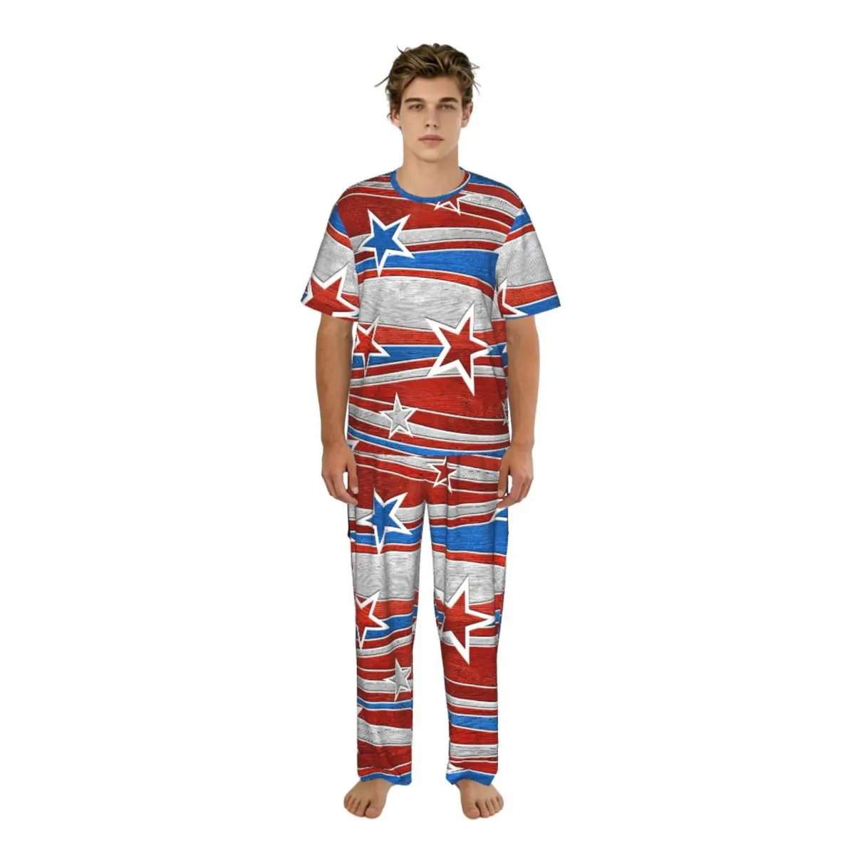 

Men Pajamas Suit Short Sleeved Long Pants National Colors Stars Of USA Sleepwear Summer Home Clothing Set
