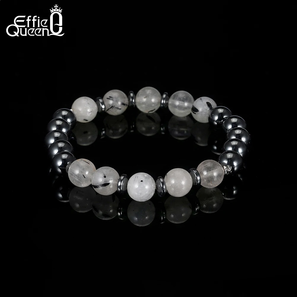 

EFFIE QUEEN Natural Black Quartz Bracelet with Hematite Jewelry S925 Silver Crystal Round Beads Stone Stretch Bracelet GMB77