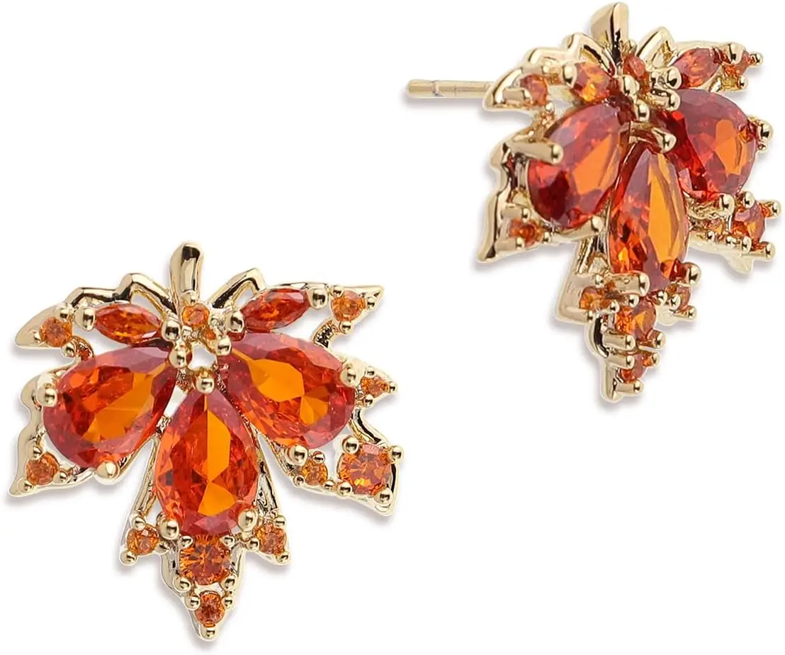 Women's Gold Plated Maple Leaf Stud Earrings, Statement Jewelry