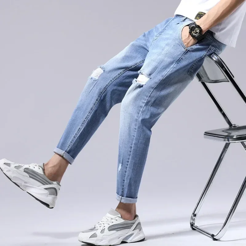 Ripped Light Blue Jeans Men Large Size 44 46 48 Harem Scratched Casual Holes Male Hip Hop Trousers Ankle-Length Plus Denim Pants