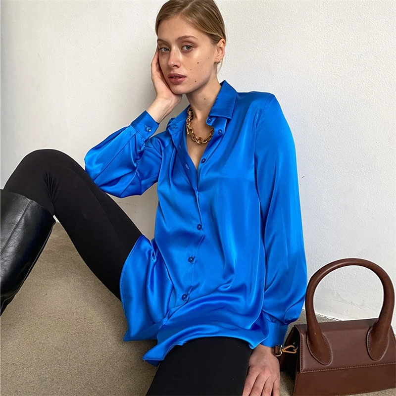 

Satin Women's Shirt Elegant and Youth Woman Blouses Loose Women Tops Silk Clothing Female X-Long Fashion New Basic Blouse Women