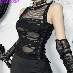 Goth Black Hollow Out Mesh Tank Tops Y2K Vintage Sexy Eyelet Lace-up Sleeveless Corset Crop Top Women Basic Tops Streetwear