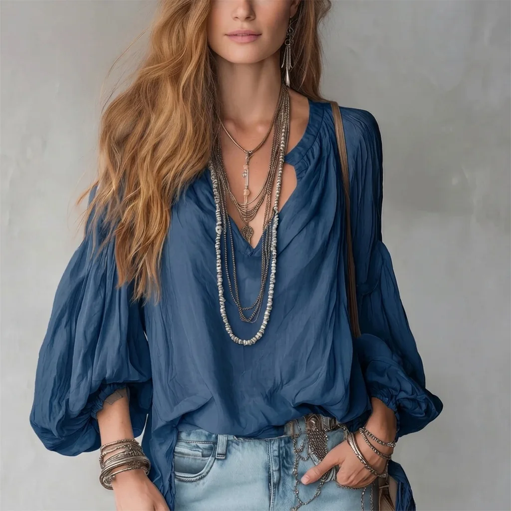 Urlaubs-Boho-Bluse für Damen, V-Ausschnitt, Puffärmel, locker geschnittenes, lässiges Strand-Oberteil mit langen Ärmeln – Detail 8