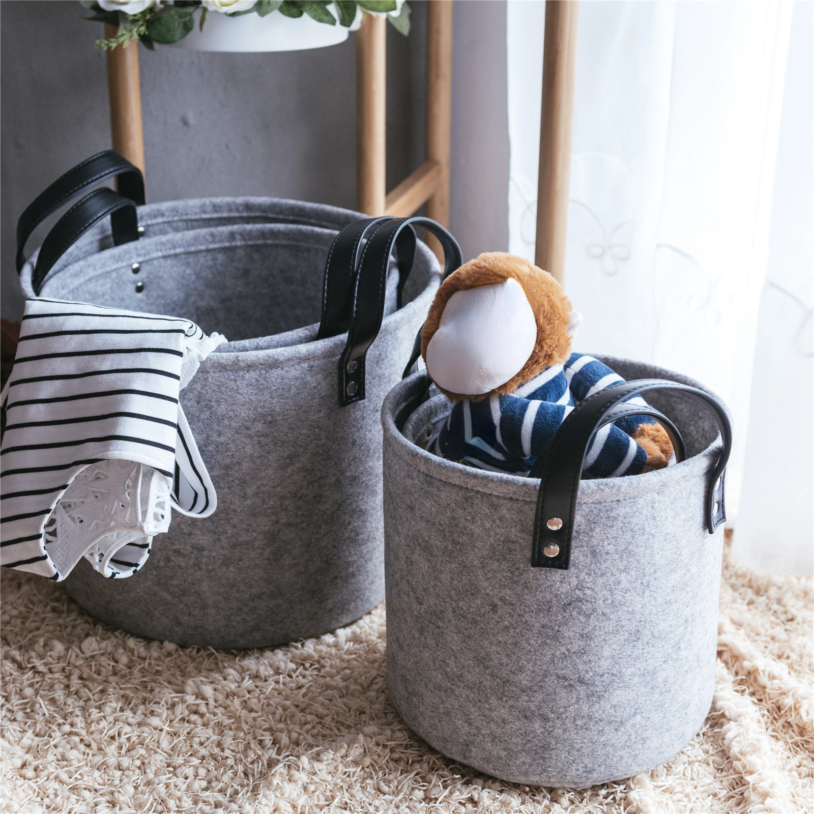 Felt Laundry Basket Portable Storage Bin Children Toy Storage Barrel Round Gray Dirty Clothes Basket Closet Organizer Bucket