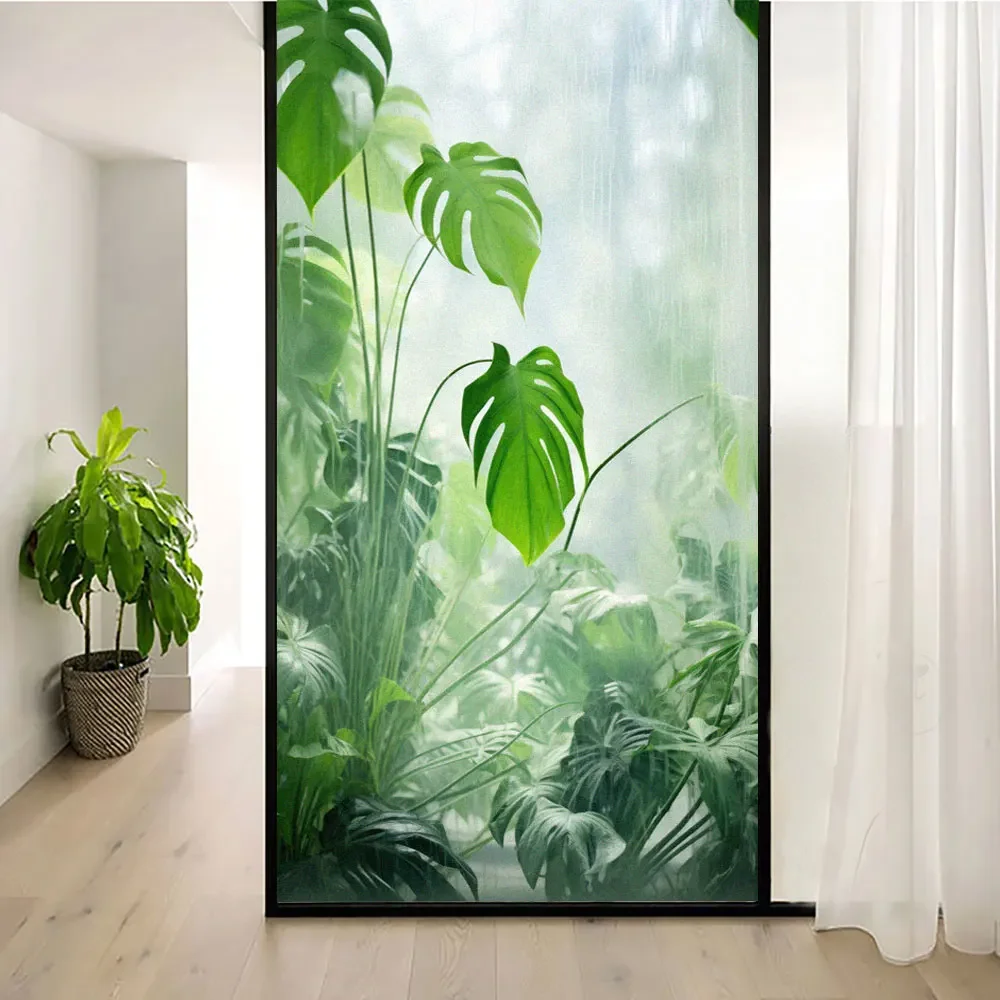 Película de privacidad para ventana adhesiva estática sin pegamento, pegatinas para ventana con patrón de planta verde, tinte para ventana para el