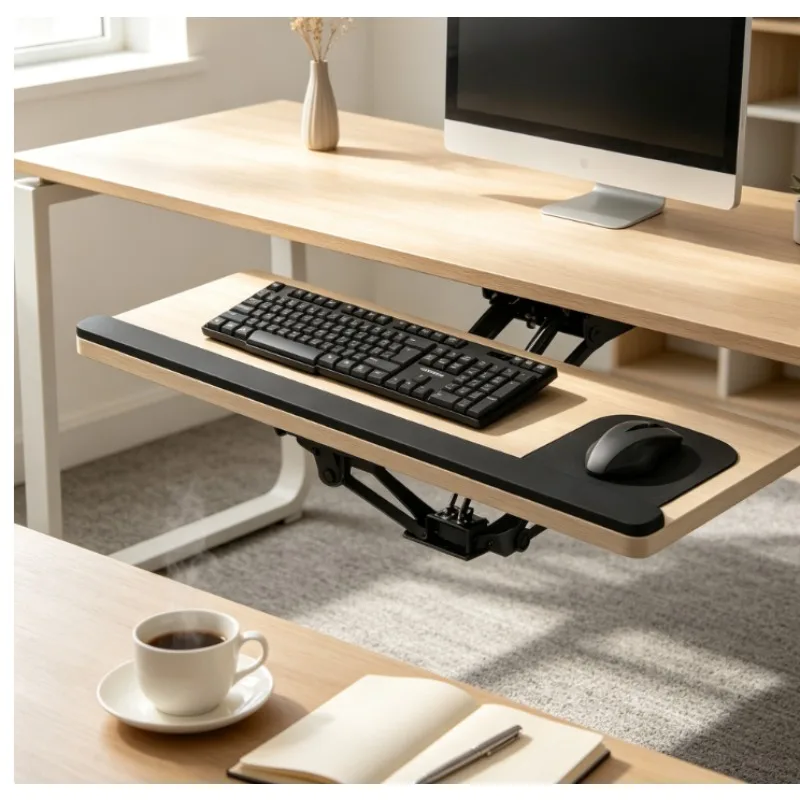 Keyboard Tray Under Desk Sliding Drawer with Mouse Pad, Ergonomic Height Adjustable & Rotatable, Sturdy Stand for Home Office