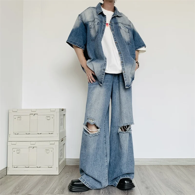 

American Hiphop Loose Casual Waed Outdated Jeans Set for Men Summer Faionable Brand Two-Piece Suit Loose Fit Classic Sle