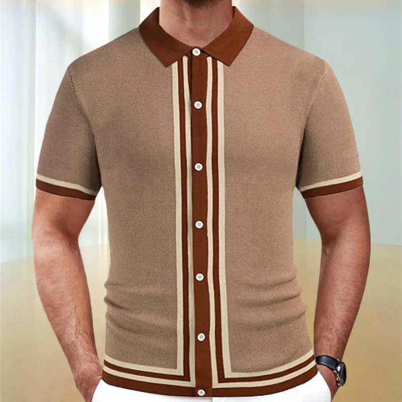 

Men's 2023 Summer New Vintage British Style Lapel Jacquard Knitted Button Cardigan Short Sleeve Business Polo Shirt