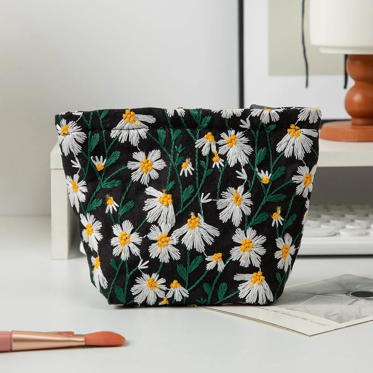 Bolsa cosmética bordada floral, bolsa de lona com zíper, organizador de maquiagem, bolsa de armazenamento de viagem, estojo de beleza feminino