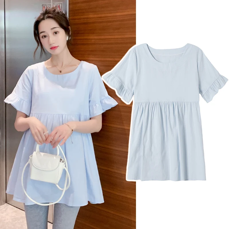 2023 Summer Maternity Clothes Solid Color Short Flare Sleeve Loose Cotton and Linen Shirts High Waist Pregnant Woman Blouses