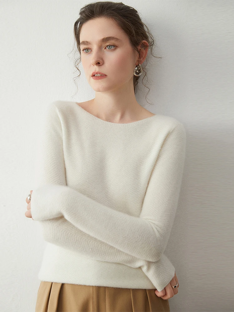 

Grace Womens Sweater Pullover 100% Cashmere Sweater Autumn Winter Clothes Fashion Fish Bone Pattern Boat Neck Warm Soft Pullover