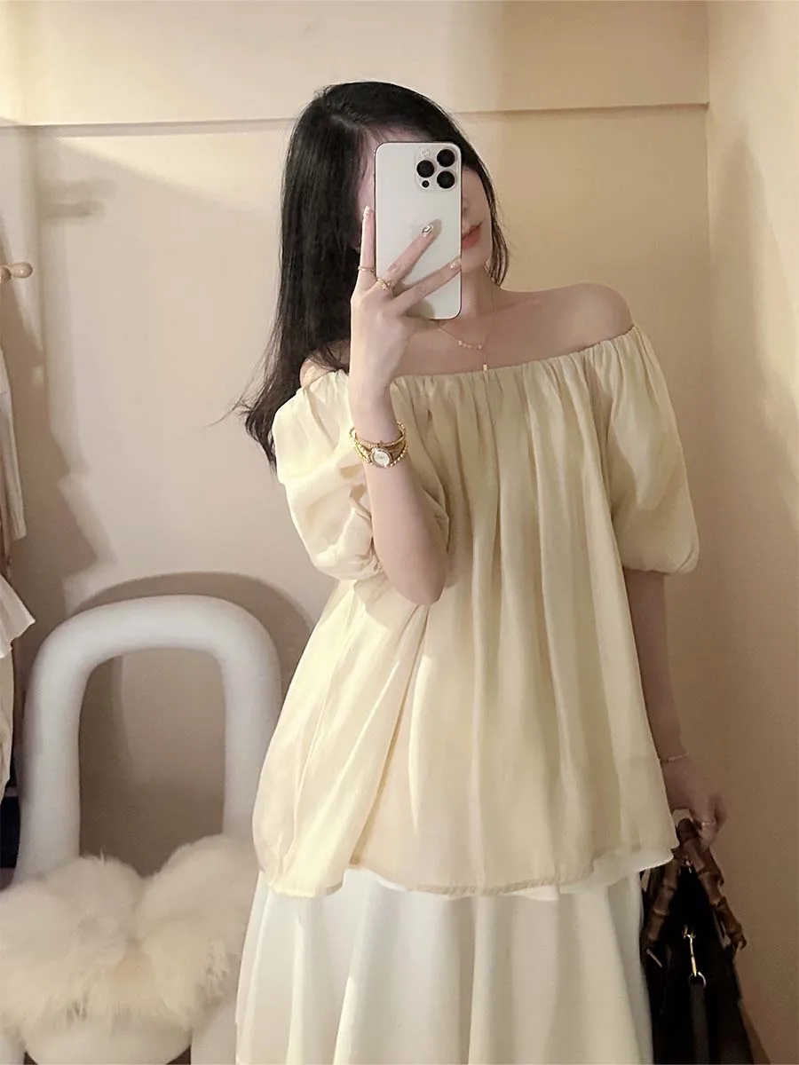 

Летняя женская шифоновая блузка 2026: красивый дизайн, открытые плечи, короткий рукав, свободный крой, для повседневной носки, художественный стиль, однотонная.