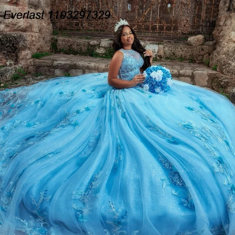 EVLAST glittery modrá quinceañera šaty bál talár 3D květinová nášivka korálkování mexiko korzet sladké 16 vestidos de 15 anos TQD745