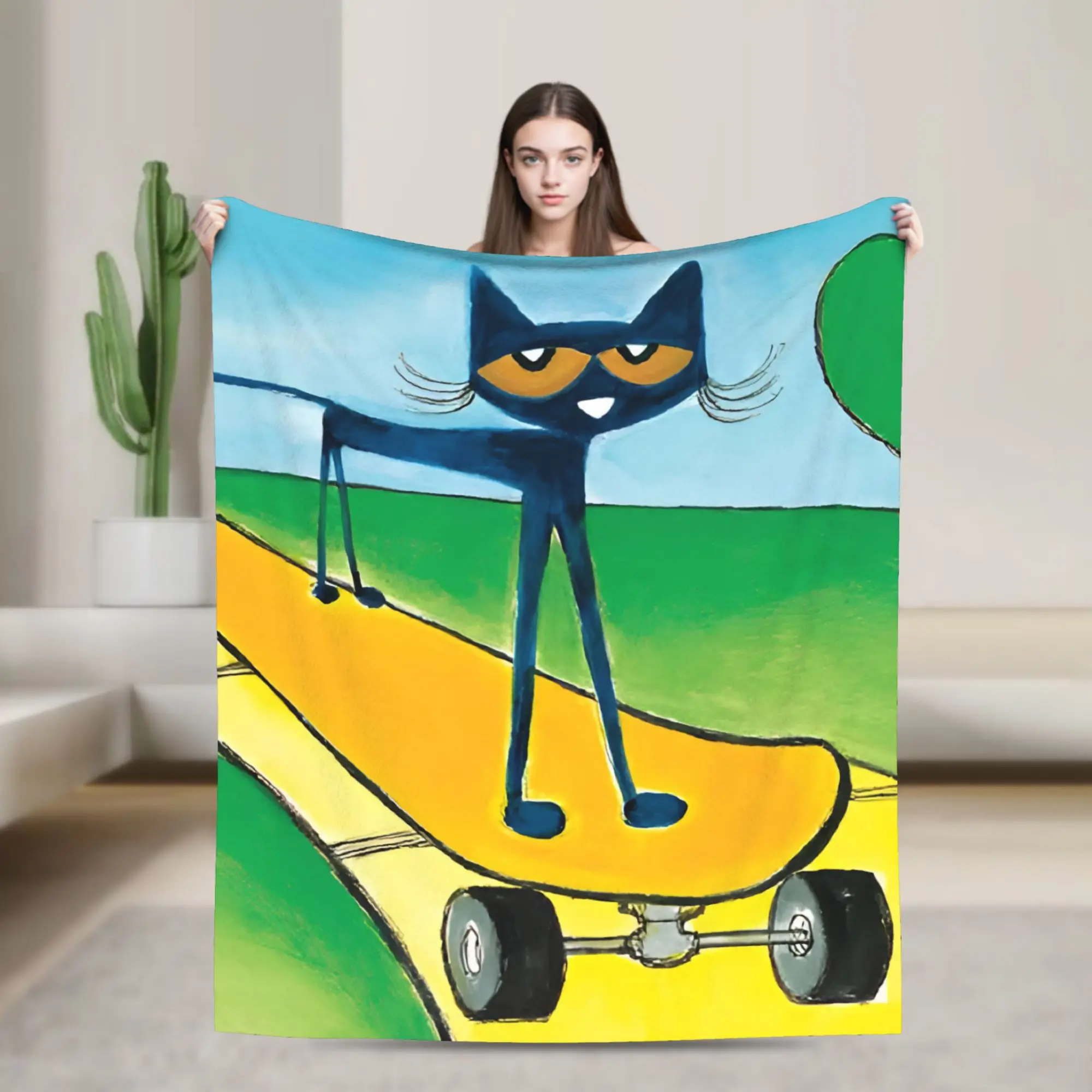 Cartoon Cats Pete the Cat  Blanket Cover Flannel Skateboarding Lightweight Throw Blanket for Home Couch Bedspread