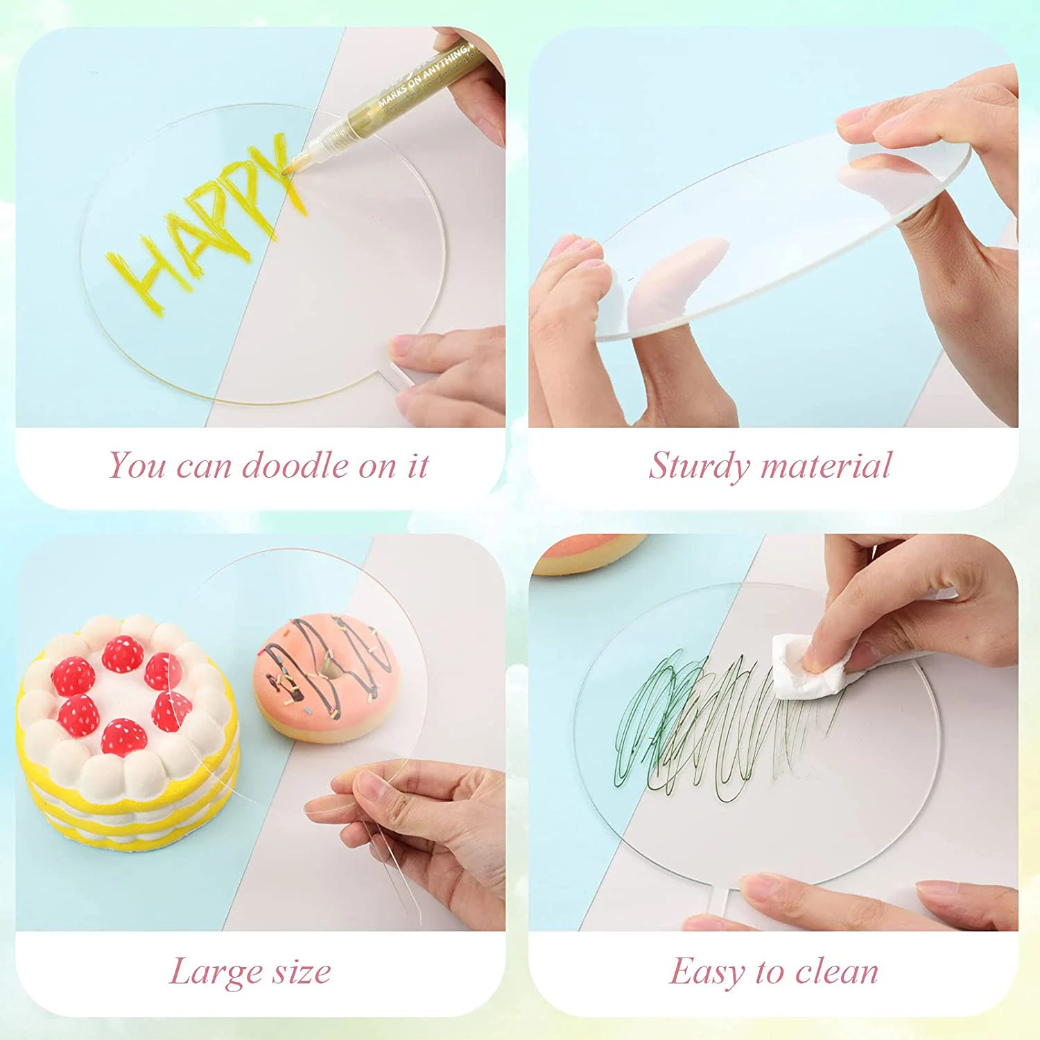 10style 15pcs Pack Clear Acrylic Cake Toppers Blank DIY Birthday Cake Topper for Wedding Party Anniversary Cake Decoration Tools