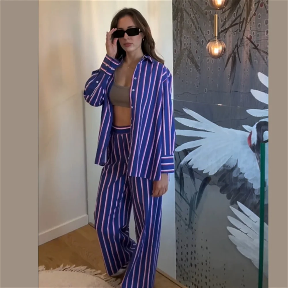 PB&ZA2024 Summer New Women\'s Fashion and Elegance Casual Versatile Striped Loose Shirt Straight Leg Pants Set