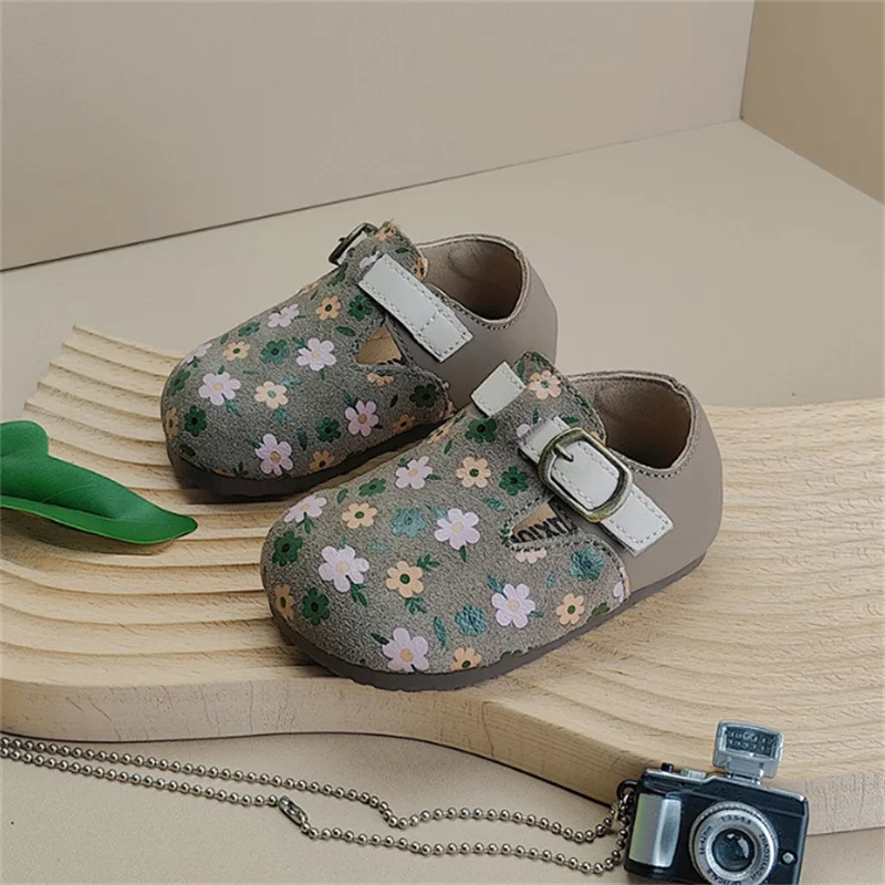 0-3 Years New Baby Shoes Genuine Leather Toddler Girls Barefoot Shoe Flower Print Soft Sole Outdoor Tennis Fashion Kids Sneakers