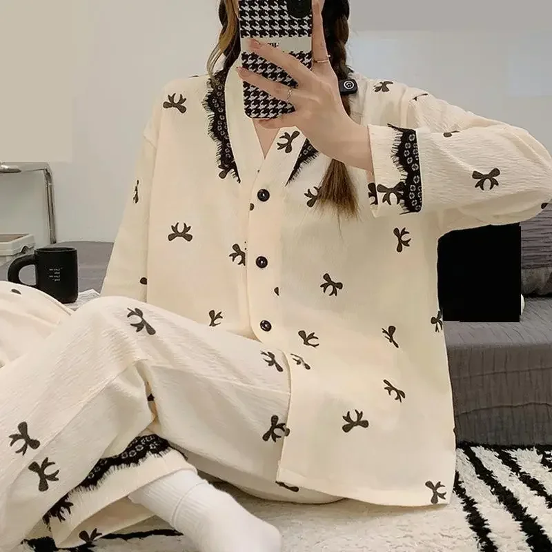 Trousers Spring Lace Twinset Suit Long Set Sleep V-Neck Pyjamas Pj's Lingerie Nightwear Sleeve Shirt Sleepwear Women Pajamas