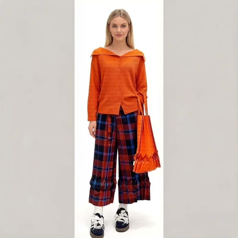 

Плиссированные прямые брюки Miyake 2026: Элегантные, в клетку, повседневные, свободного кроя, в стиле Lazy, модные, ручной работы, универсальные плиссированные брюки