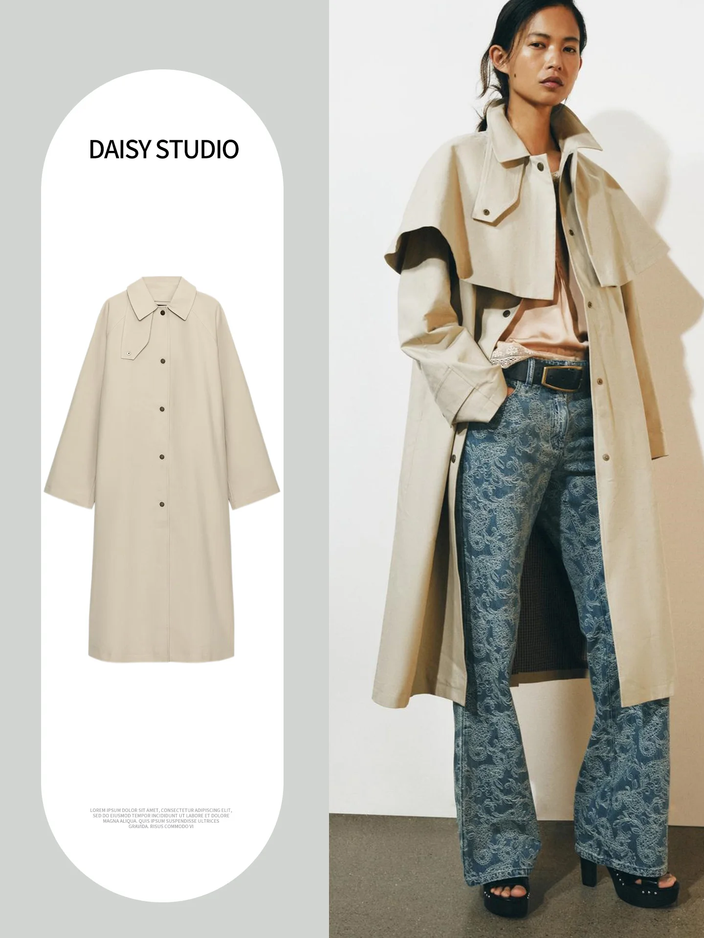 New Autumn Women's Casual Long Sleeve Collar Coat Single Row Button Detachable Cowl Neck Windbreaker Outerwear Polyester Fiber