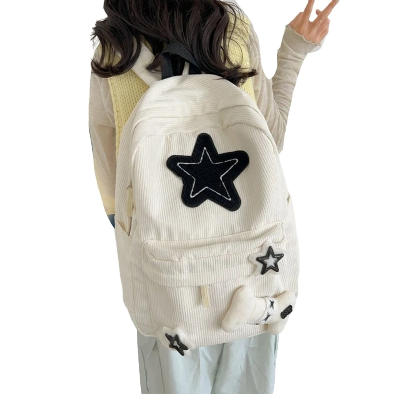 2023 Double Strap Shoulder Bag Book Bag for Girl Corduroy Backpack Lightweight School Bag Rucksack with Star Pattern