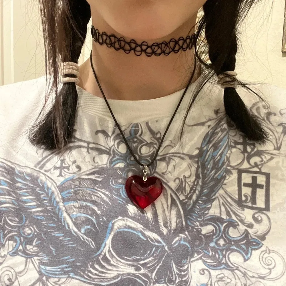 Gothic Crystal Big Heart Wine Red Glass Y2K Necklace Grunge Punk Puffy Heart Cord Rope Chain Pendant Necklace Women Girls Gift