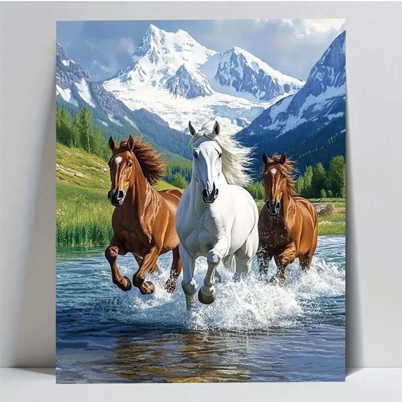 Professional Art Use, Galloping Horses River Landscape 2D Paint By Numbers Kit for Adults, Polyester Canvas Multiple Specificati
