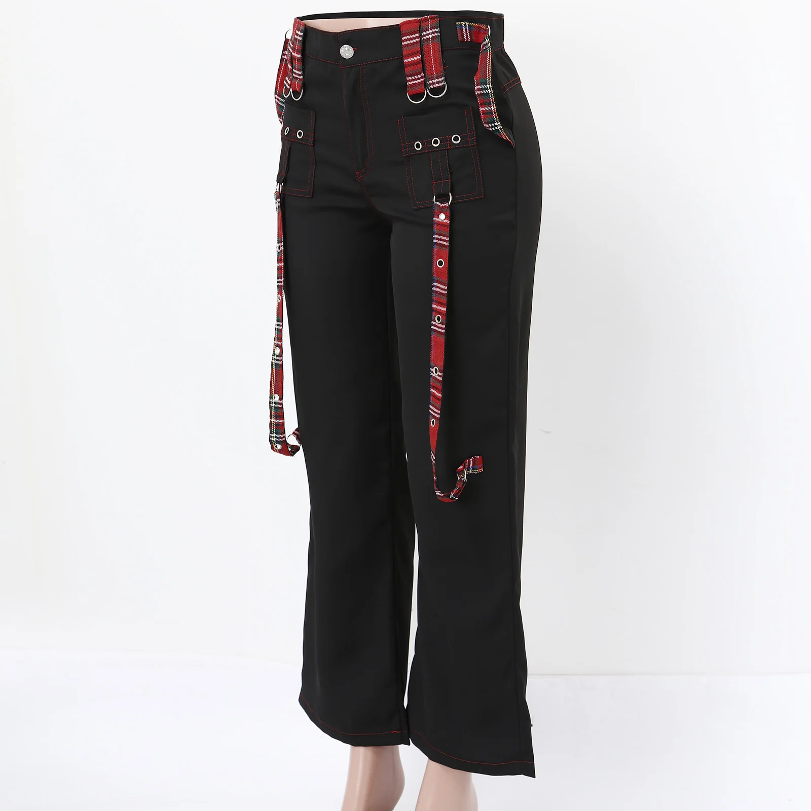 Streetwear Gothic Pants Women High Waist Y2k Punk Harajuku Red Plaid Ribbon Cargo Pants Summer Spring Slim Flare Pants Vintage