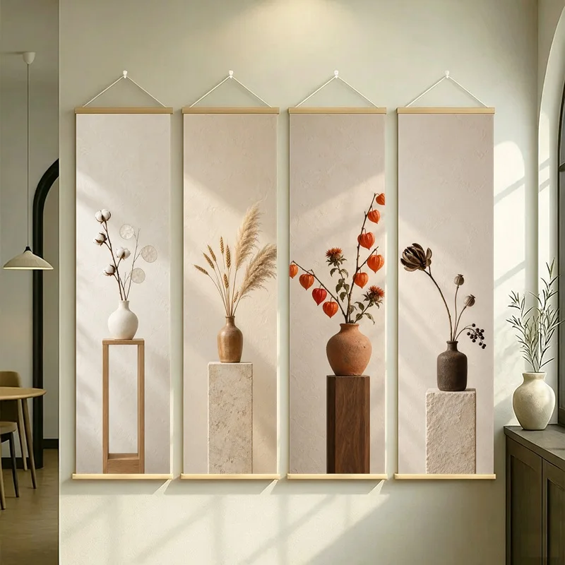 Botanical Wall Art 4-Panel Cotton Wheat Lantern Flower Vase Scroll Set on Cream Silver Shimmer Canvas for Autumn Home Decor