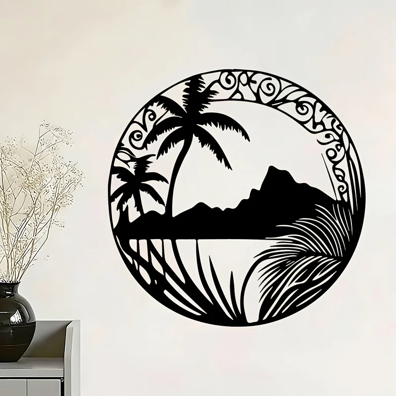 CIFbuy Metal Wall Art TropicalPalm Tree Mountain Iron Sign Rustproof Weatherproof Coastal 2D Flat Ornament For Living Room Decor