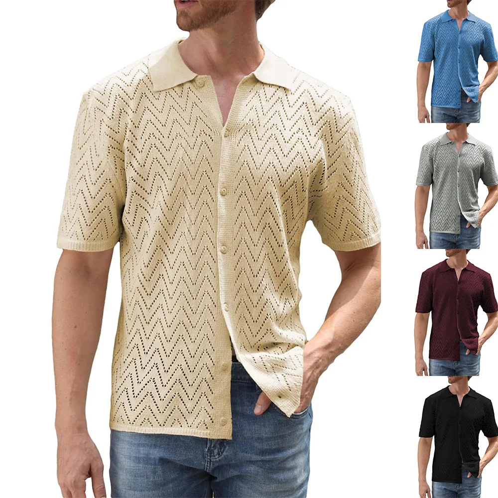 

2024 Summer New Men's Casual Knitted Men's Shirt Short-sleeved Men's Shirt Cardigan Solid Color Hollow Top Men's Clothing