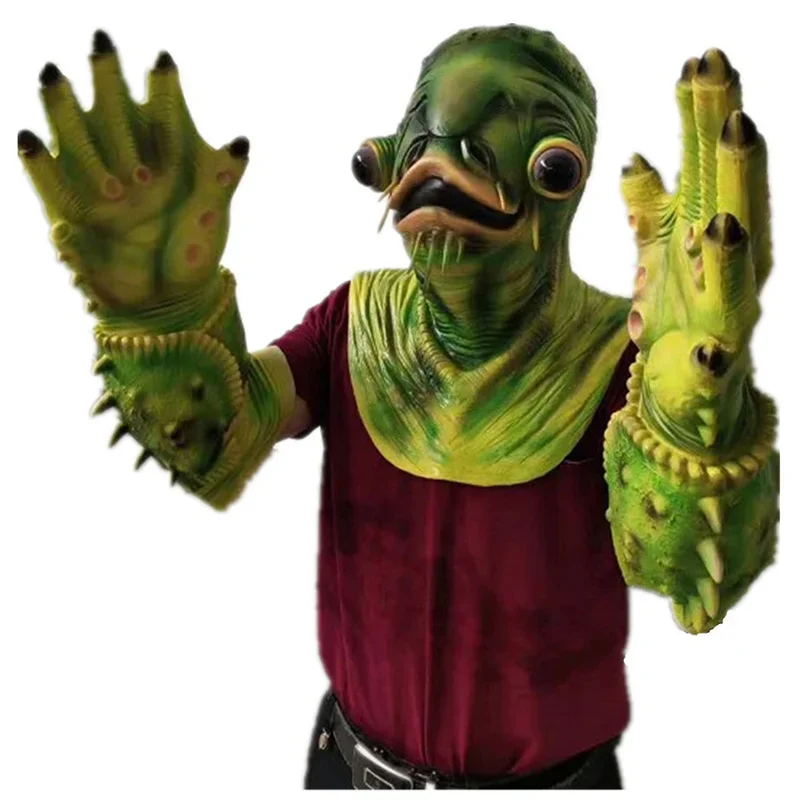 Halloween Horror Catfish Cosplay Mask with Gloves Green Fish Monster Mask Masquerade Halloween Party Latex Full Face Mask Party
