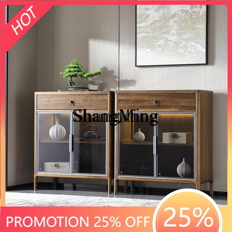 

FG good-looking modern new Chinese style all solid wood glass light with side cabinet black walnut rock slab rack