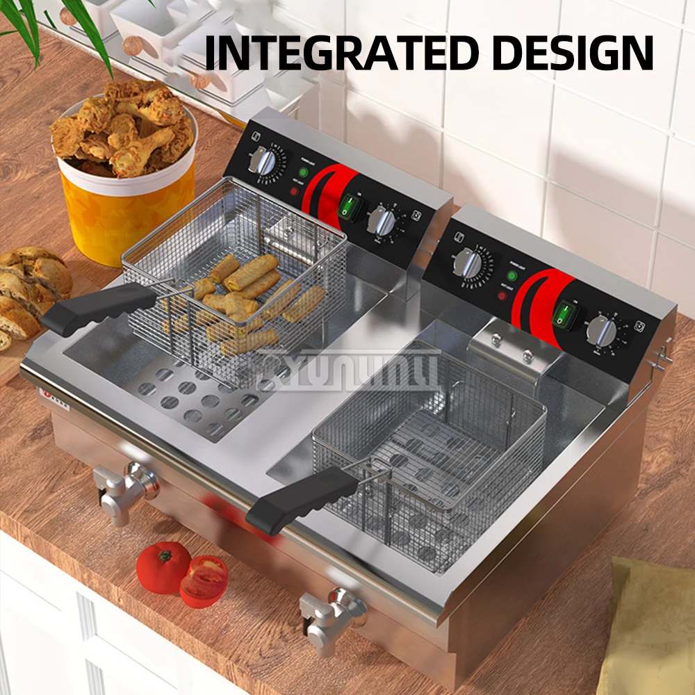 مقلاة كهربائية عميقة مع توقيت ، خزان مزدوج تجاري ، معدات مطبخ ، 26 لتر