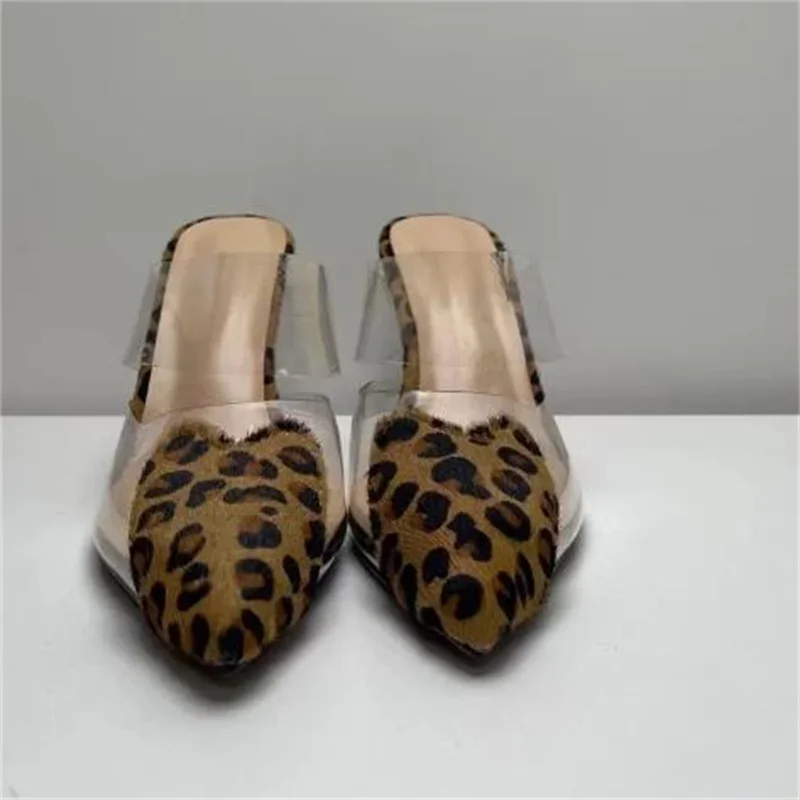 Leopard Pattern Shoes For Lady Pointed Toe High Heels Transparent Belts Female Pumps Front Strap Chassure Mink Fur Zapatos Mujer