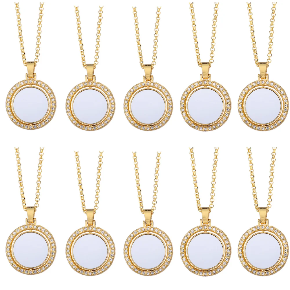 10pcs Rhinestones Pendant Necklaces Round Rotate Design Pendant Necklace Sublimation Blanks For Heat Transfer Print Unique Gift