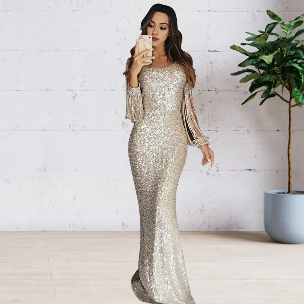 Sequin Maxi Dress Elegant Sequin Fishtail Evening Dress with Tassel Sleeves V Neck for Women for Prom Cocktail Party Special