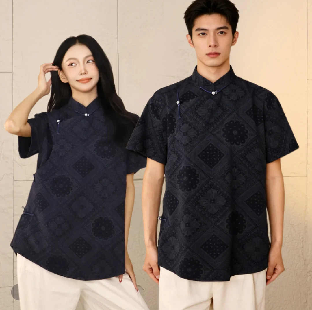 mongolian-ethnic-style-short-sleeve-top-set-for-men-and-women-couple-casual-wear-summer-season-linen-material-floral-pattern