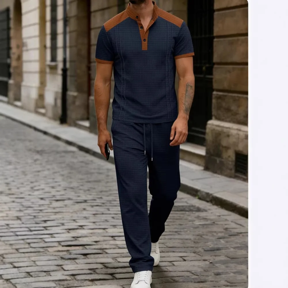 

Men's Large Square Color Contrasting Casual Two-Piece Set Spring/Summer 2026 Stand up Collar Button Short Sleeve Top with Pants